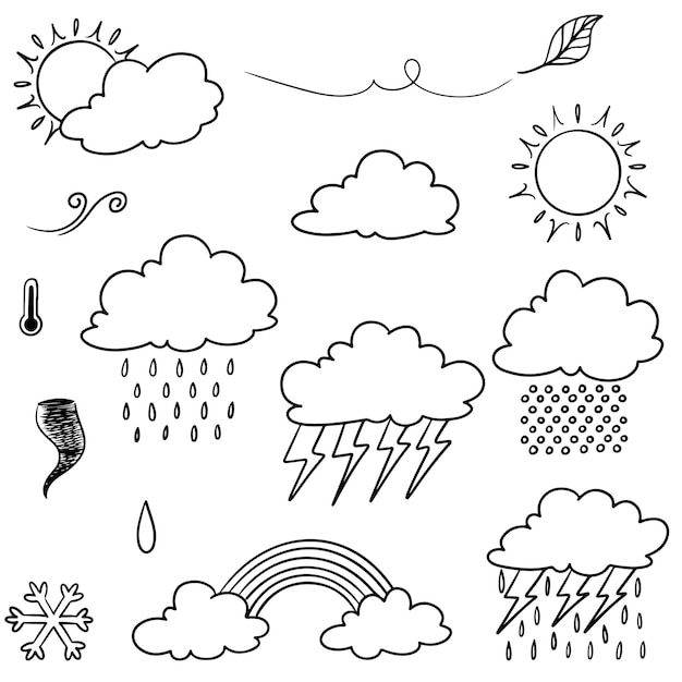 Collezione di icone meteo doodle disegnate a mano isolate su sfondo bianco