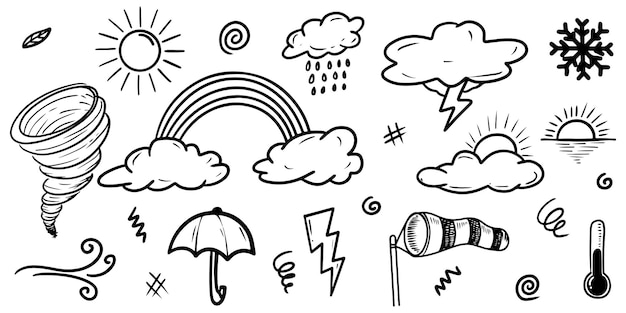 Collezione di icone meteo doodle disegnato a mano isolato su priorità bassa bianca.