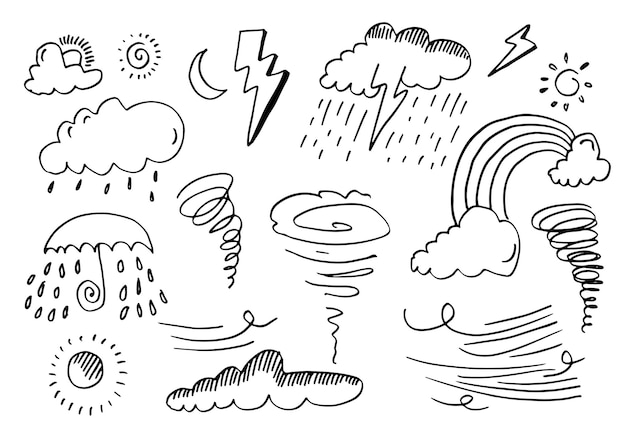 Collection of hand drawn doodles weather icons on white background.