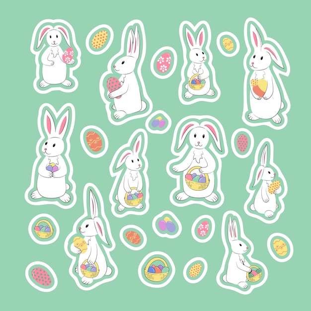 Collection of hand drawn easter bunnies with eggs