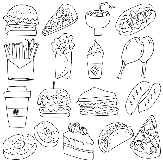 Collection of hand drawn fast food vector illustration in doodle art style on white background