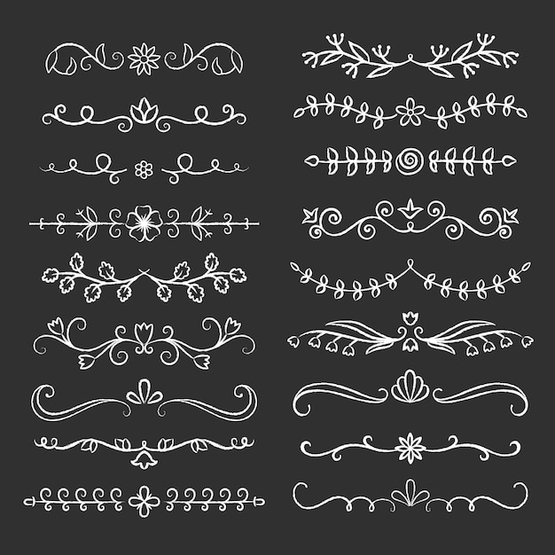 Collection of hand drawn flourish text dividers with chalk effect. Doodle chalk botanical borders