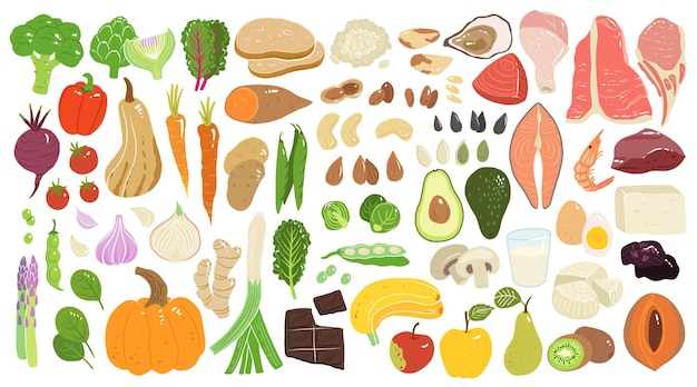 Vector collection of hand drawn food illustrations isolated on white background bundle of fresh delicious vegetables fruits dairy fish and meat wholesome healthy food