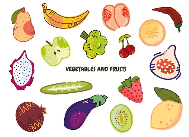 Collection of hand drawn fruits, vegetables and berries.