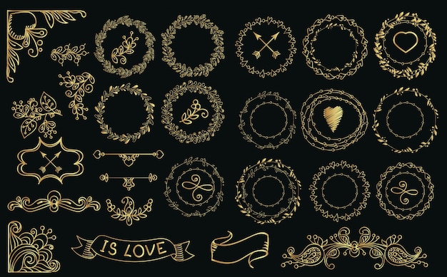 Vector collection of hand drawn gold laurels and wreaths.