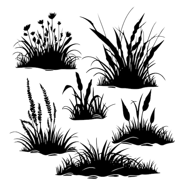 A collection of hand drawn grass and black bush silhouettes perfect for graphic design purposes