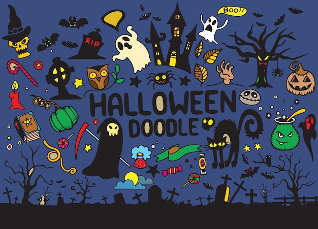 A collection of hand drawn halloween elements