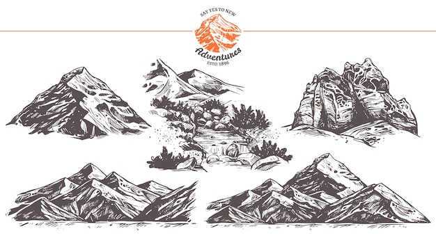 Collection of hand drawn illustration of mountains.
