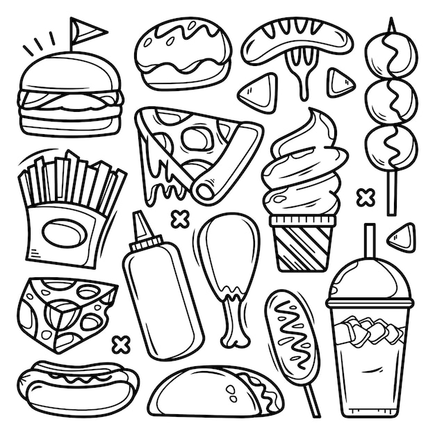 Vector collection of hand drawn junk food doodle