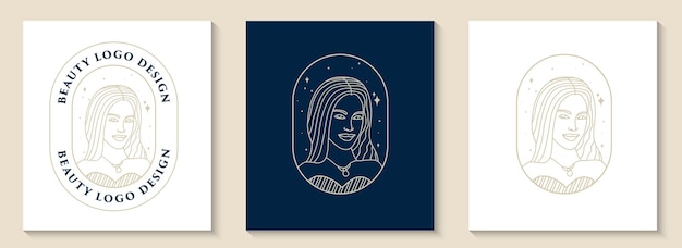 Collection of hand drawn linear woman face logo