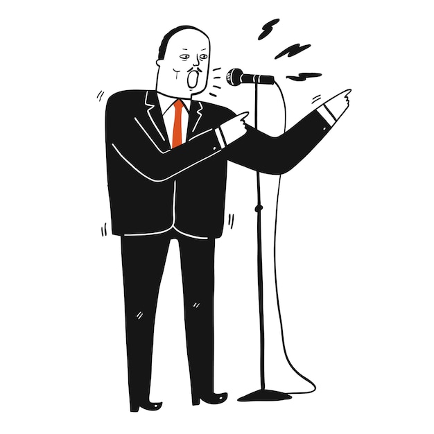 Collection of hand drawn a man in black suit speaking the speech on the microphone.vector illustrations in sketch doodle style.