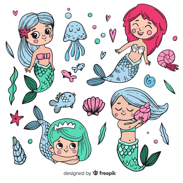 Collection of hand drawn mermaids