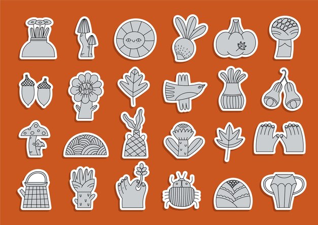 Collection of hand drawn minimalistic stickers with natural motifs vector botany icons autumn vibes