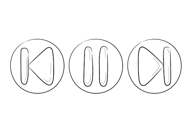 Коллекция нарисованных вручную музыкальных и видео наборов иконок перемотки и остановки. Кнопка запуска воспроизведения и паузы.
