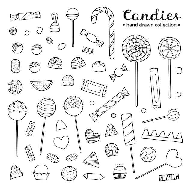 白い背景に隔離されたチョコレートゼリーロリーフルーツを含む手描きの輪郭のキャンディーのコレクション
