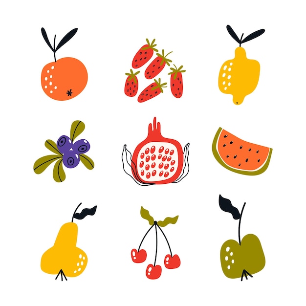 Collection of hand drawn ripe fruits and berries Cartoon dessert food Flat vector illustration