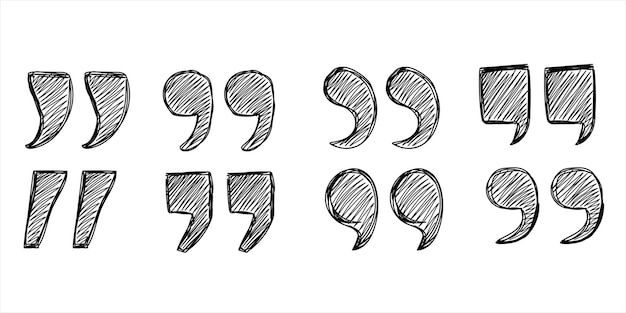 Collection of hand drawn sketchy quotation marks different shapes for citation. black scribble quote