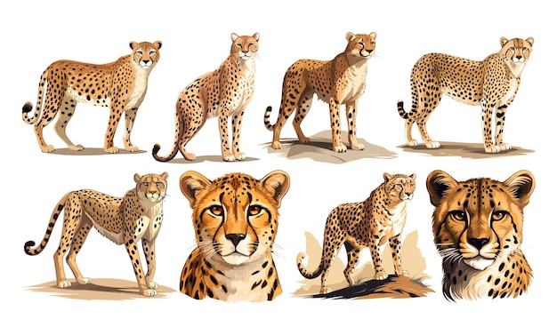 Collection of hand drawn solid color cheetah illustration