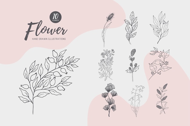 Коллекция нарисованных вручную весенних цветов и растений Монохромные векторные иллюстрации в стиле эскиза