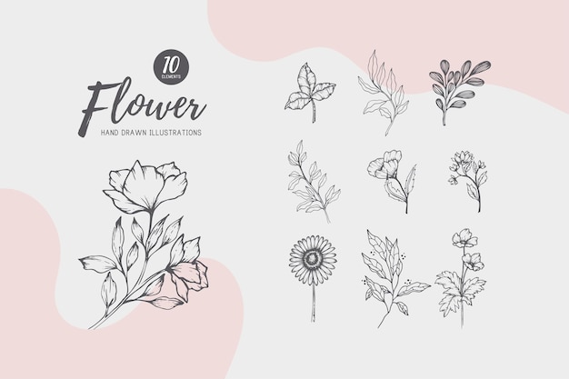 手描きの春の花と植物のコレクション スケッチ スタイルのモノクロ ベクトル イラスト