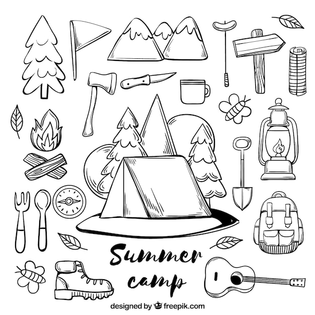 Collection of hand drawn summer camp elements