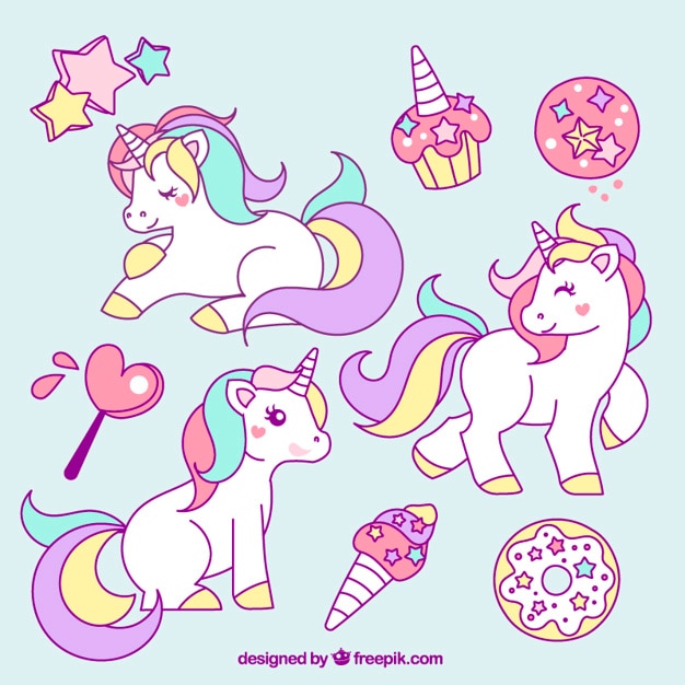 Vector collection of hand drawn unicorn with elements