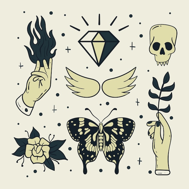 Collection of hand drawn vintage tattoo stickers free vector