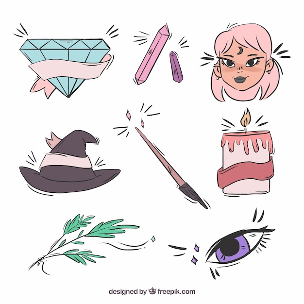 Collection of hand drawn witch elements