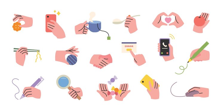 Vector collection of hand gestures related to various daily life. flat design style vector illustration.