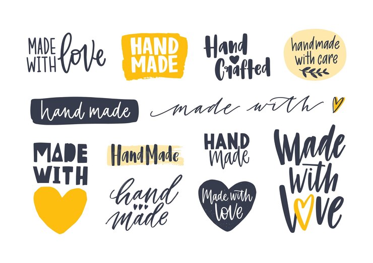 Vector collection of hand made inscriptions for labels or tags for handcrafted goods. set of elegant lettering handwritten with various calligraphic fonts isolated on white background. vector illustration.