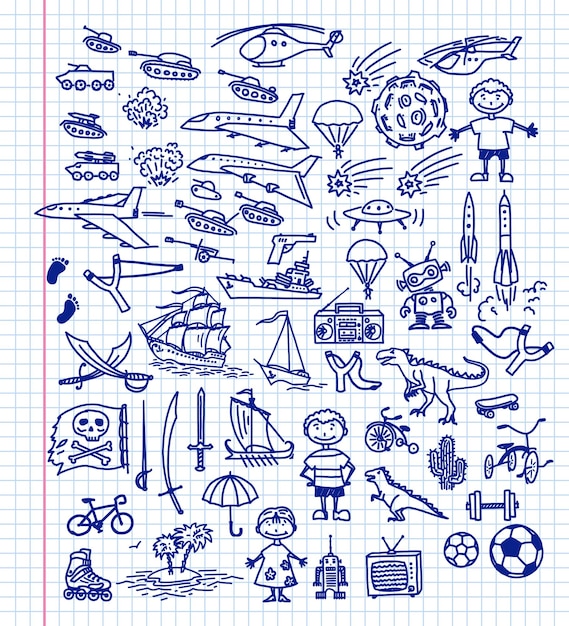 Collection of handdrawn boyish doodles vector elements for children039s designs