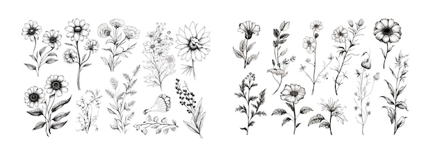 Vector collection of handdrawn flowers and plants in monochrome