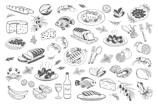 Коллекция ручных иллюстраций продуктов питания морепродукты хлеб сыр фрукты и многое другое