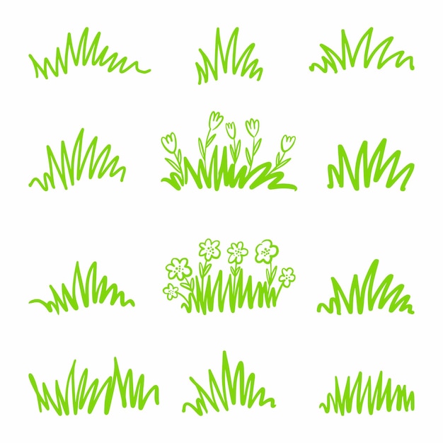 Vector collection of handdrawn grass drawings with flowersx9