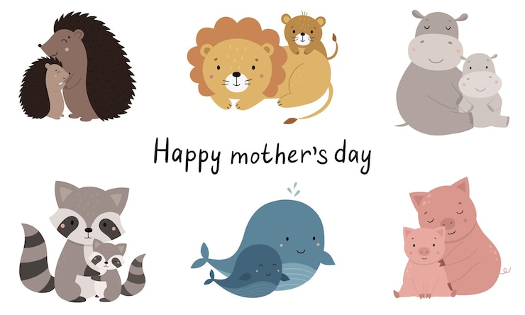 Vector 手描きのママと子供たちのコレクション 可愛い動物が子供たちを抱きしめる ベクトルイラスト