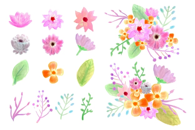 Vector collection of handmade watercolor floral