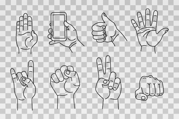 Collection of hands and gestures. hand drawn sketch isolated on transparent background.