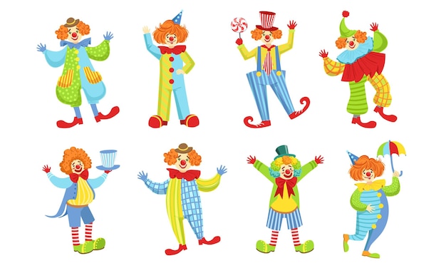 Vector collection of happy funny clowns in action poses funny circus comedian characters in bright costumes vector illustration