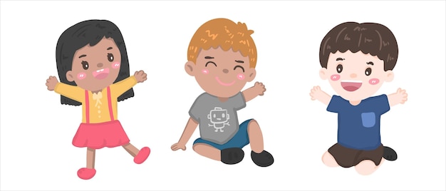 Vector collection of happy girls and boys portrait character illustration vector diversity kids of nationalities sit and play on white background