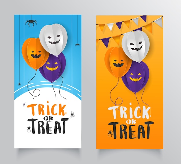 Collection happy halloween banner design template with paper balloon pumpkins emojis wichiringa flags and coffetti