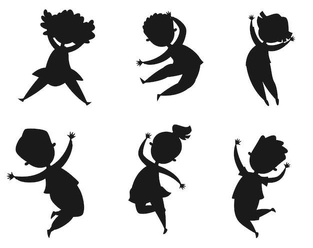 Collection of Happy kids jumping laughing cheerful school girls boys Vector silhouette