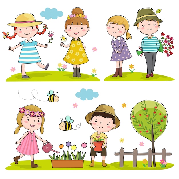 Collection of happy kids outdoor in spring season