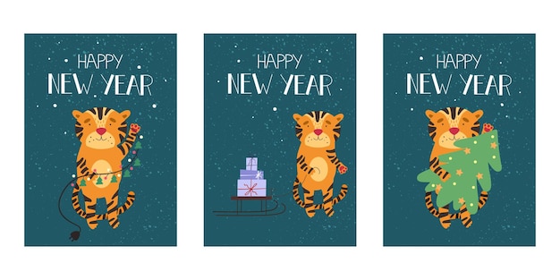 Collection of happy new year greeting cards with tigers