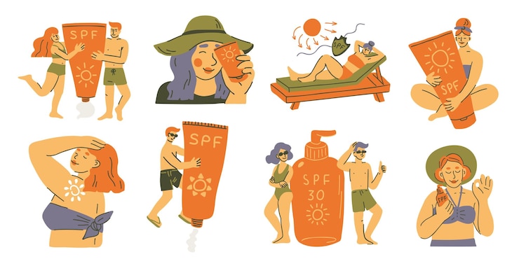 Vector collection of happy people with spf tubes and bottles sun protection and summer skin care concept cartoon vector illustration