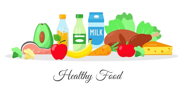 Vector collection of healthy food elements. healthy eating concept.