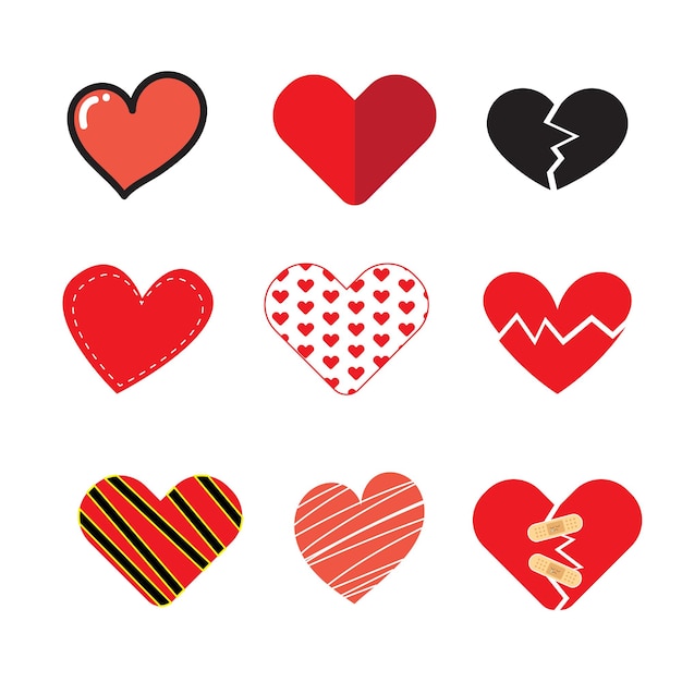Vettore raccolta di illustrazioni del cuore disegno dell'elemento cuore rosso icona simbolo amore, set cuore spezzato