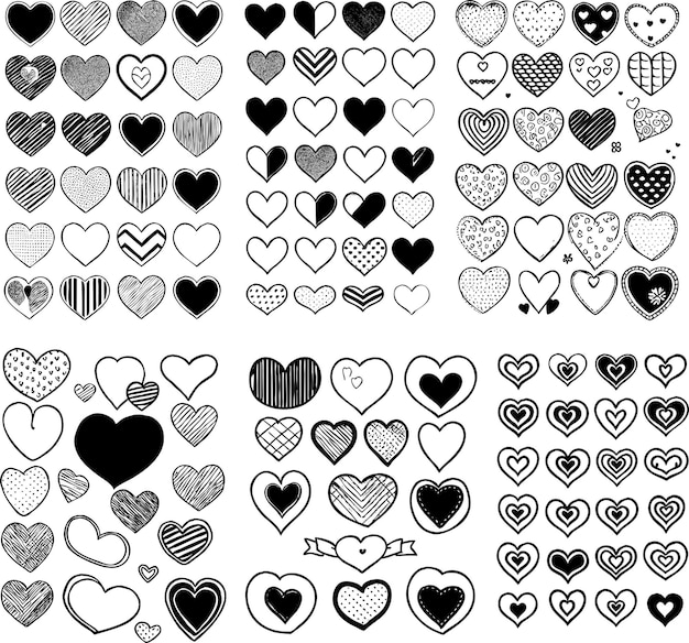 A collection of hearts with different designs.