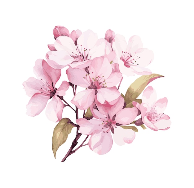 Collection of herry blossom flowers and branches in vector watercolor style