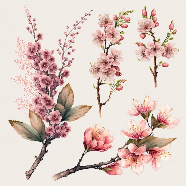 Collection of herry blossom flowers and branches in vector watercolor style