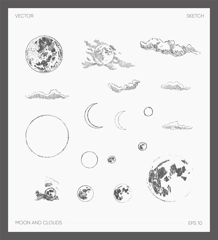 Vector collection of high detail hand drawn vector illustration of moon and clouds, sketch